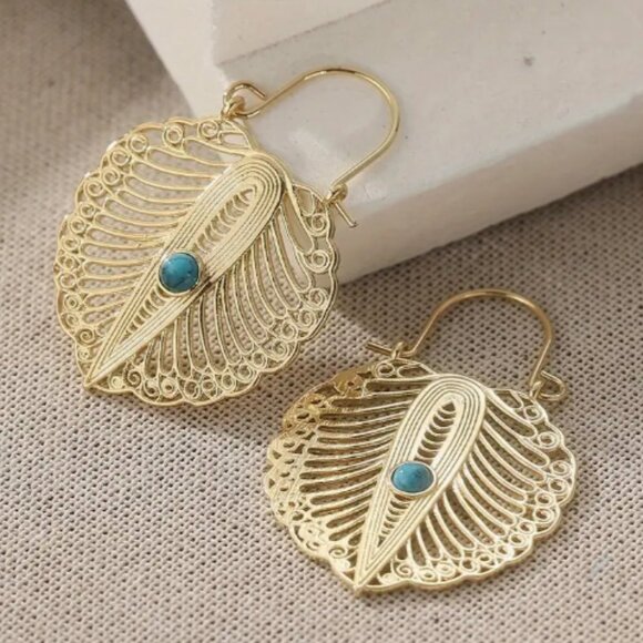 14k Gold Plated Leaf Turquoise Stone Earrings - Picture 6 of 7